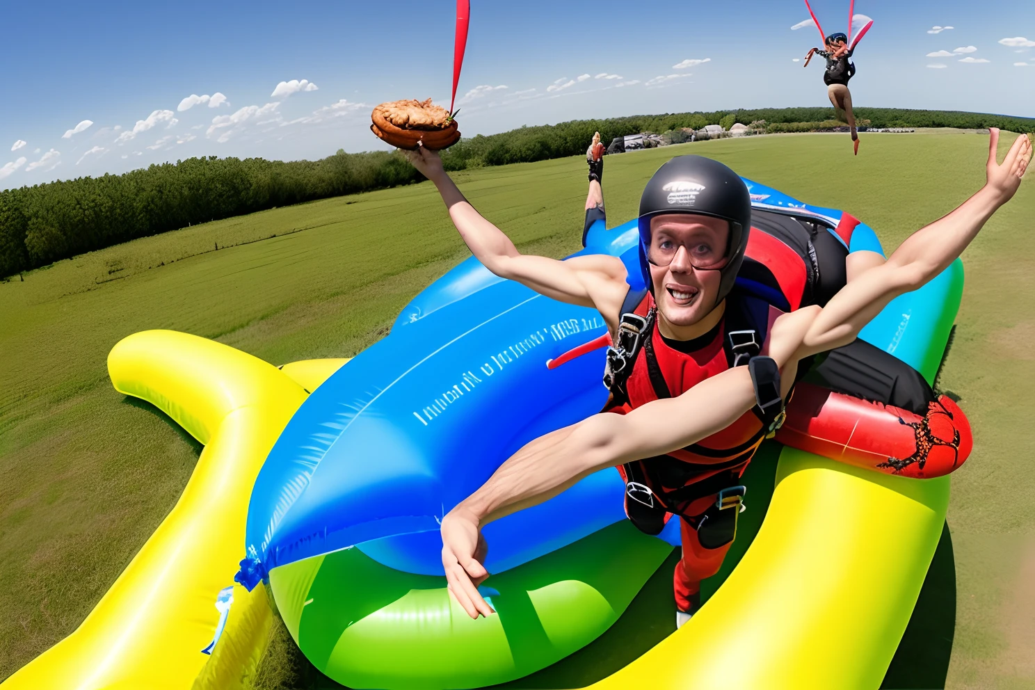 Arafed man in a red shirt is flying over a giant inflatable object - SeaArt  AI