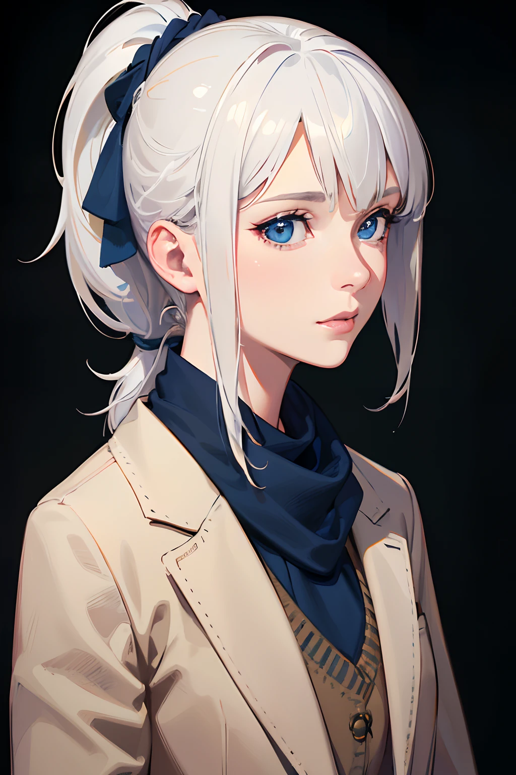 (best quality,4k,highres,masterpiece:1.2),ultra-detailed,(realistic,photorealistic:1.37),white-haired woman,short hair with a ponytail,brown jacket,blue scarf,blue eyes,hand in pocket,green librarian outfit