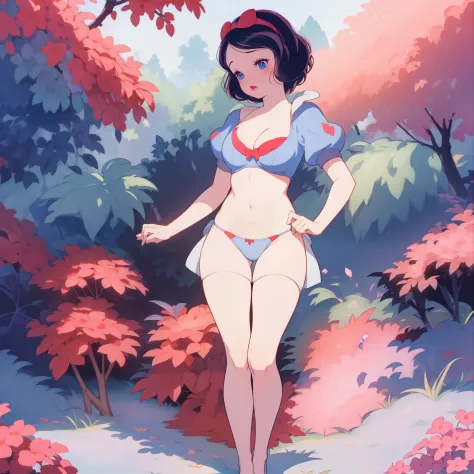 (risograph)  (masterpiece, best quality) ( 1girl, solo ) (full body) snow white, (cleavage) (white panties) modern disney style, cartoon style, red bow, blue eyes, short black hair, big breast beauty、Blue string bikini、tits out、Red cheeks、legs M pose、barec...