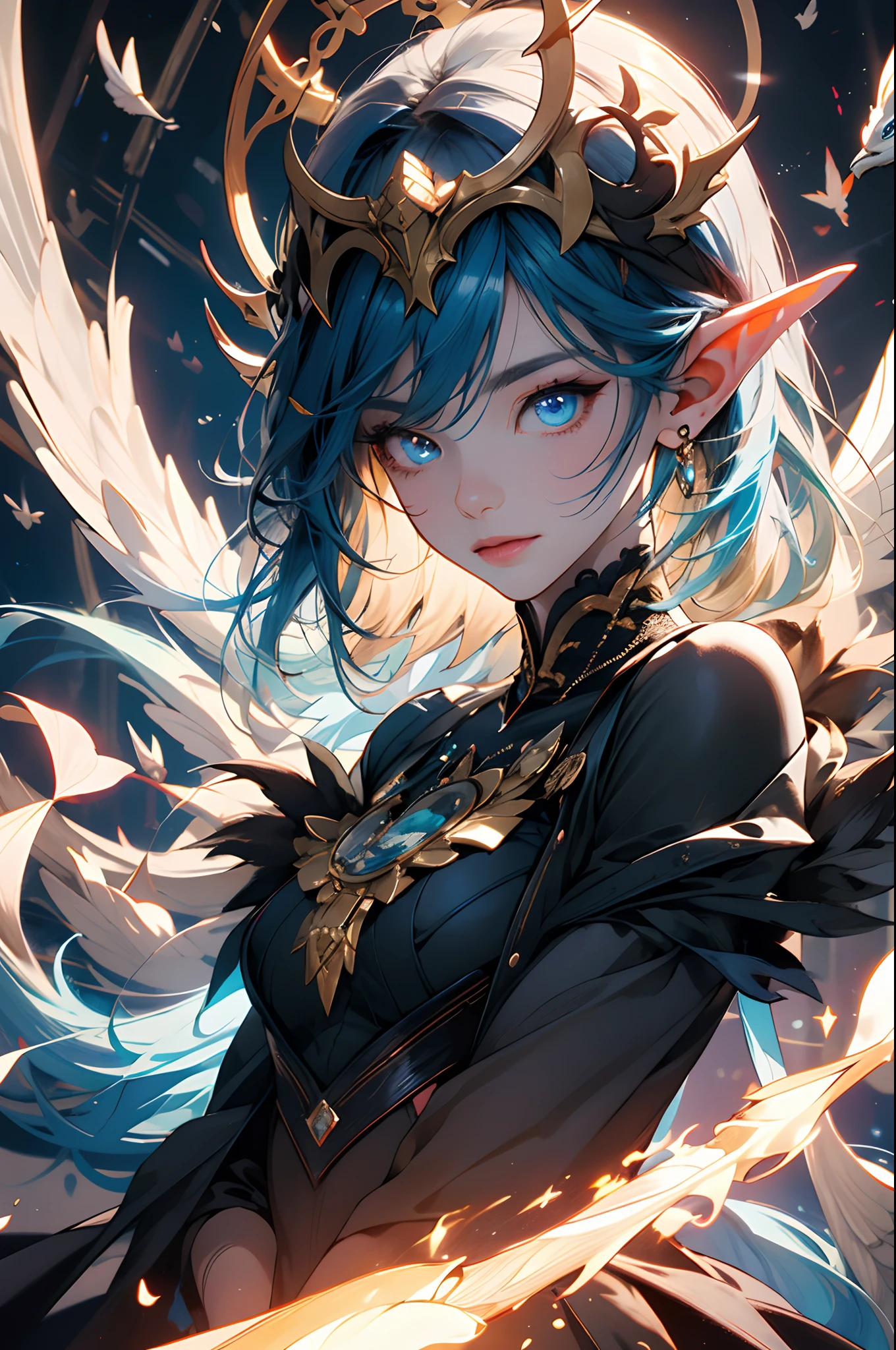 death,Blood,Night, Dark, (fantasy),unlimited,Deep blue sky,The abyss of knowledge,knowledge,((Masterpiece)), (((Best quality))),((Beautiful detailed eyes)),(eyelash),Monster,(1 girl),Blue hair,Long hair,abyss eyes,Shiny skin,oil,Small breast,(Bird body,feater),wearing rags, Zeenchi,elf,Extremely detailed Cg Unity 8K wallpaper,Masterpiece, ((Ultra-detailed)), ((illustration)),Colorful,the wallpaper,energy,Unknown terror,Arcane,Around the magic,Magic surrounds,wands,book,The pages of the book flew all over the sky,Know it all,Predicting the future,Learn about the past,Infinite wisdom,Blue Flame,Warlock,Magical Circle,pentacle,incantation,mantra,Singing magic,