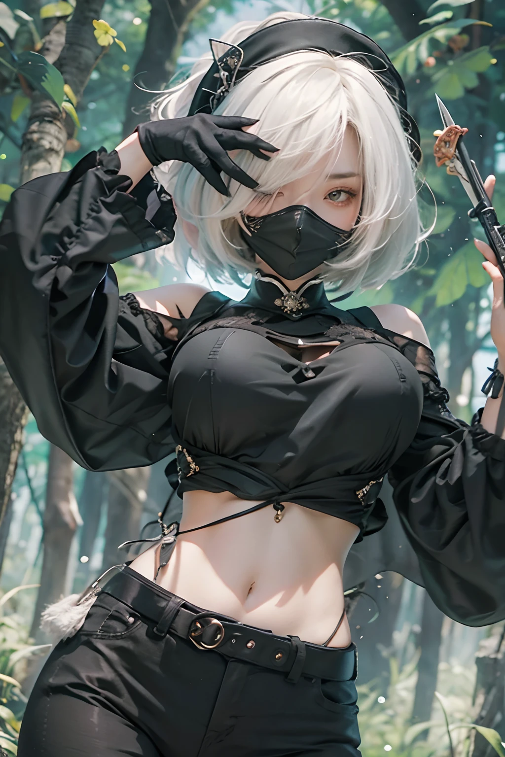 yorha no. 2 type b, 1girl in, Black cloth covers the eyes, Breasts, cleavage, cleavage cutout, Clothing cutting, Green background, hair between eye, shairband, A high resolution, Juliet sleeves, Long sleeves, Puffy sleeves, Red lips, shaded face, Short hair, Solo, high-necked, Upper body, White hair, Background forest　废墟　knifes