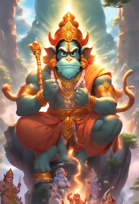 (((Hindu God))) best quality, ultra-high resolution, 4K detailed CG, masterpiece, Hanuman, strong monkey man, Indian, , Hindu mythology, sitting on rock, ((sitting on mountain) ) Hindu, aesthetic, beautiful, screen-centered image, praying Lord rama