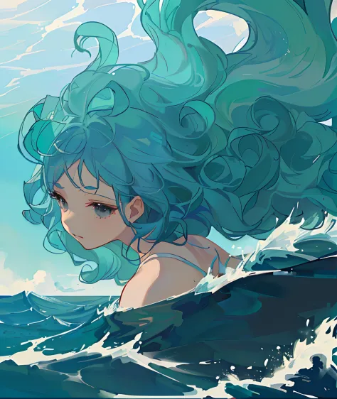 anime girl with blue hair in the ocean with waves, goddess of the ocean, in the sea, in the ocean, goddess of the sea, anime gir...