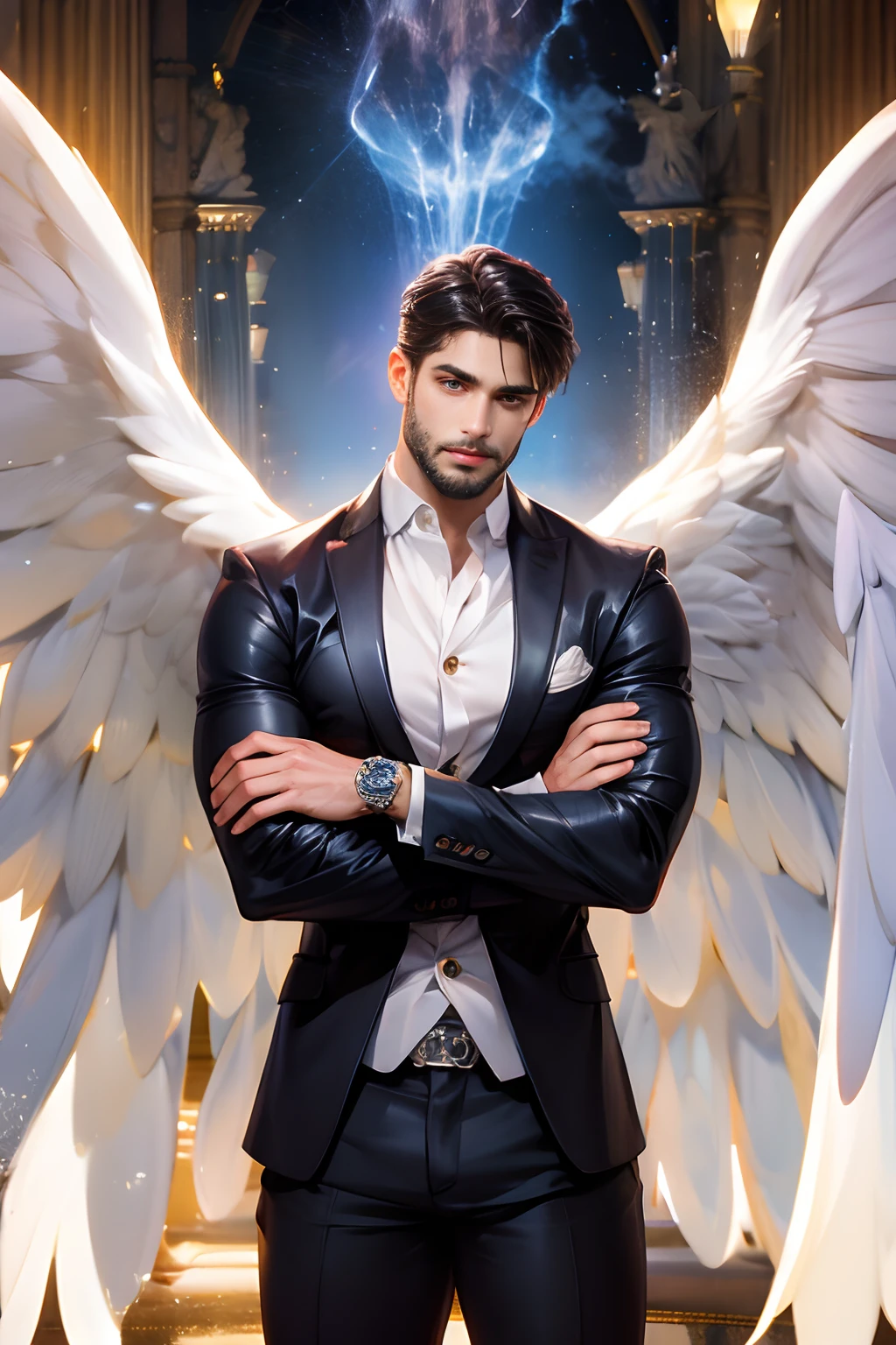 1 man, alone, young handsome man, Latin mulatto skin, attractive features, tan tone skin, dark blue eyes, friendly expression, huge white wings coming out of his back, 2 angel wings, physical fitness, man's long haircut medium, black brown hairstyle, small beard, casual clothing, urban outfit, red suit, full body tattoos. emotion: greet, environment: war field