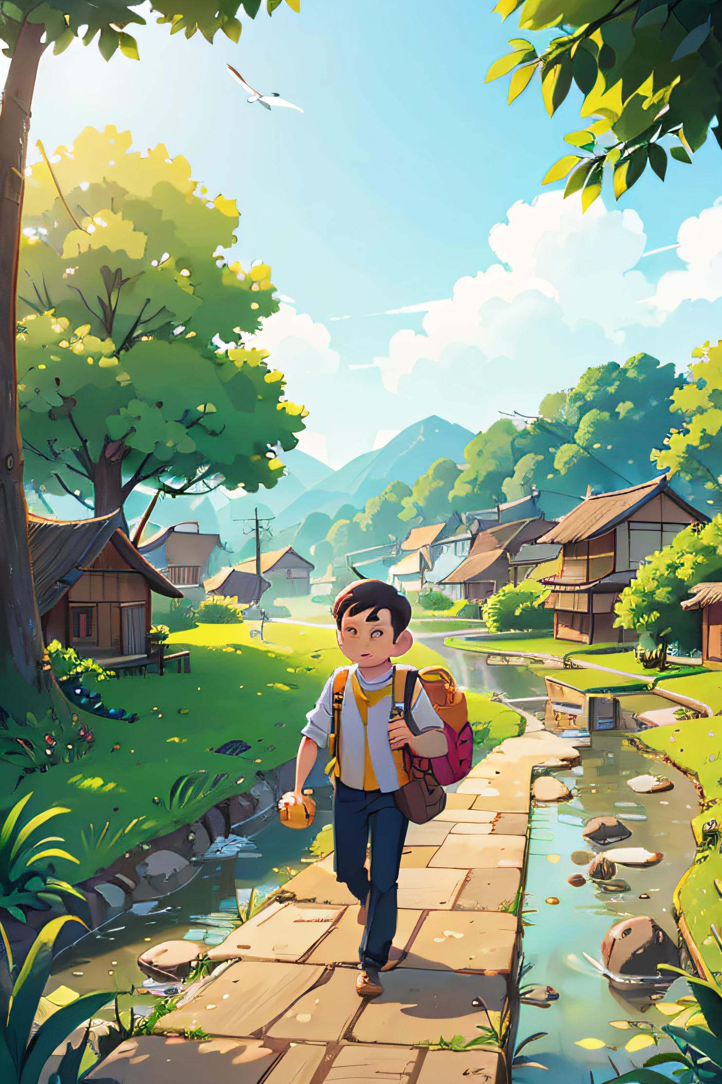 絵には黄色いバッグを持った男性が描かれている，私は川沿いを歩いています，遠くに家と田んぼが見える。