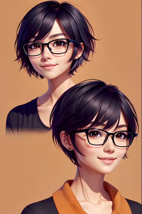 short hair, black hair, square glasses, tan skin, cute style, woman, animated,