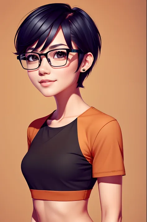 Short hair, black hair, square glasses, tan skin, cute style, woman, animated,