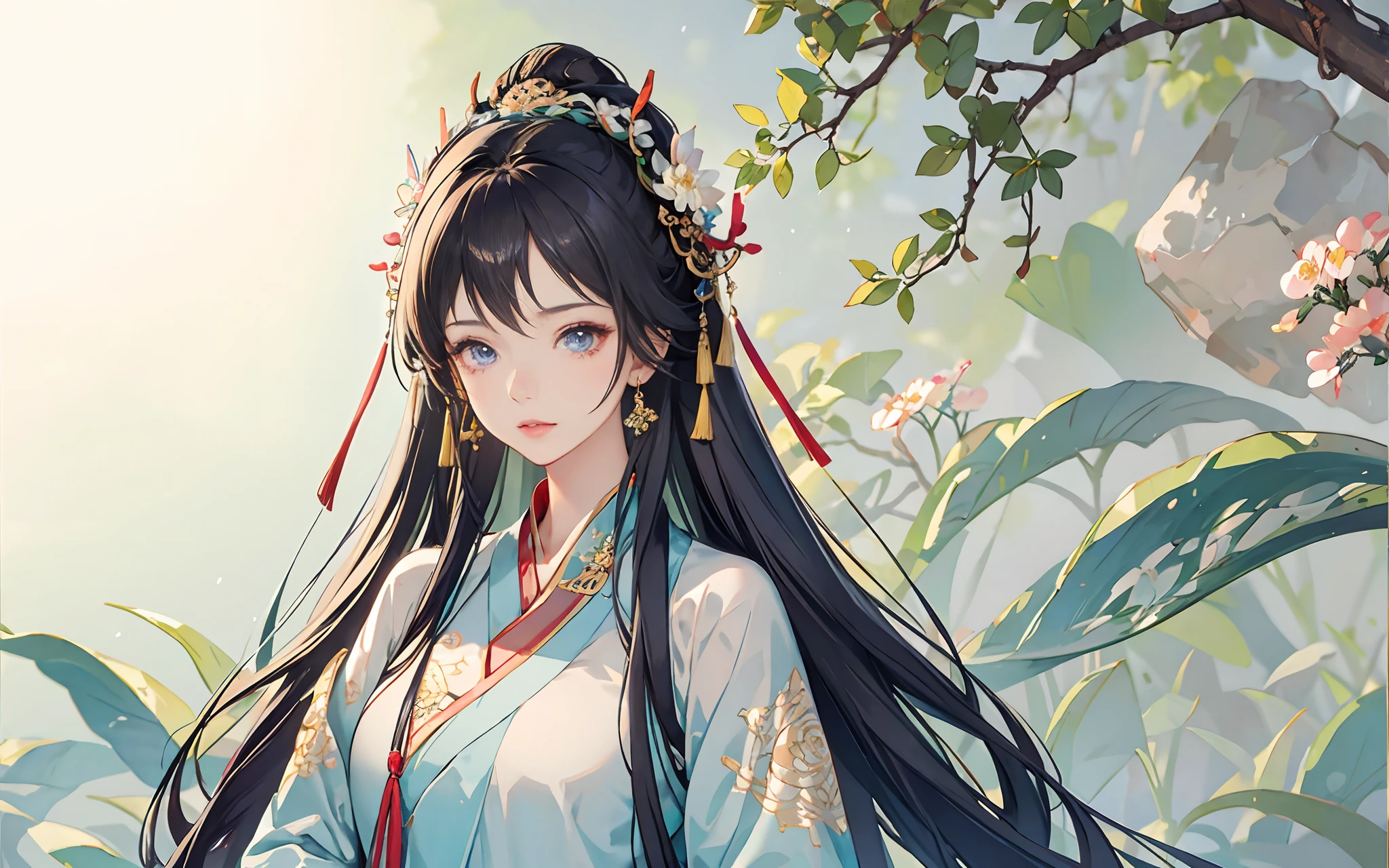 Hanfu，Smooth hair，The sheen，Botanical headdress