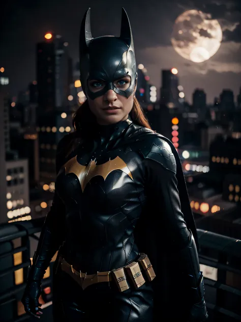 Batgirl, top of a building, striking a superhero pose, with an imposing presence. The scene is set at night, with a below view angle capturing the city skyline. The overall image quality is top-notch, with a sharp focus and captured in stunning 8k high def...