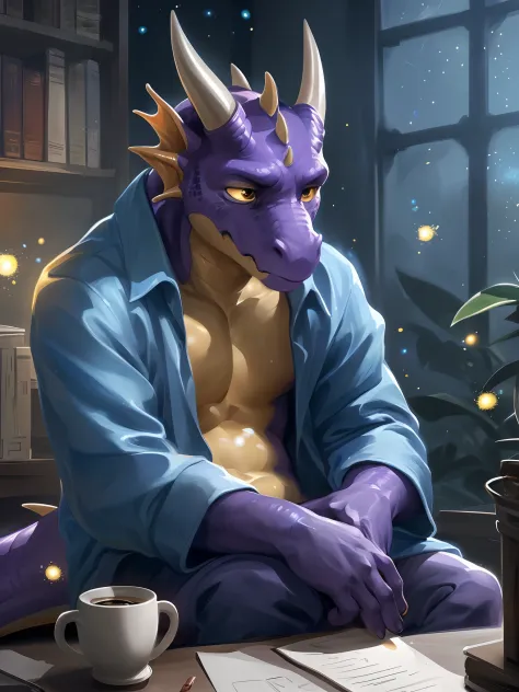 Solo, Male, merchant, (male anthro-dragon:1.3), (Purple body:1.1), Yellow belly, (Sitting:1.3), (komono:1.4), (on desk:1.23), (Open shirt), (Sad:1.3), Exhausted ,Detailed eyes, Dragon tail, horn, (Bust portrait), (Detailed eyes), (Indoors:1.35), Office, co...