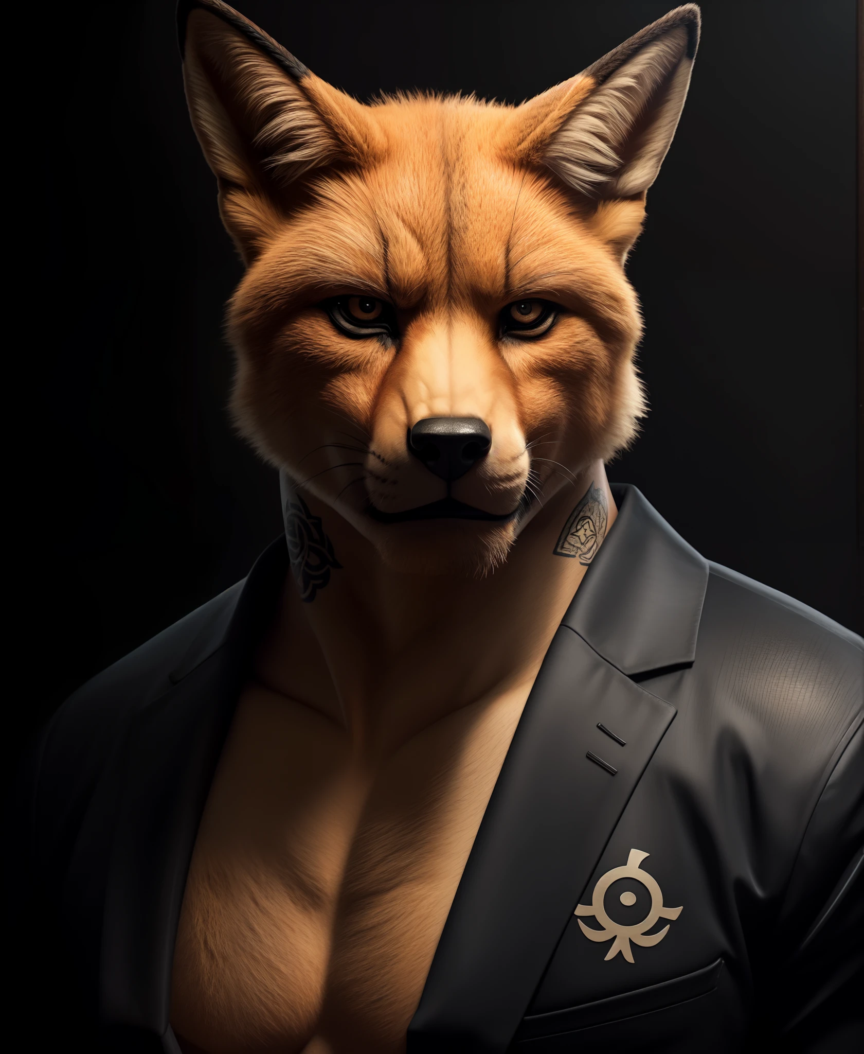 solo, furry anthro fox male, Yakuza style, detailed fur texture, (realistic face and eyes), intricate tattoos, (yakuza symbol:1.4), (sharp claws), piercing gaze, dark background, masterpiece,