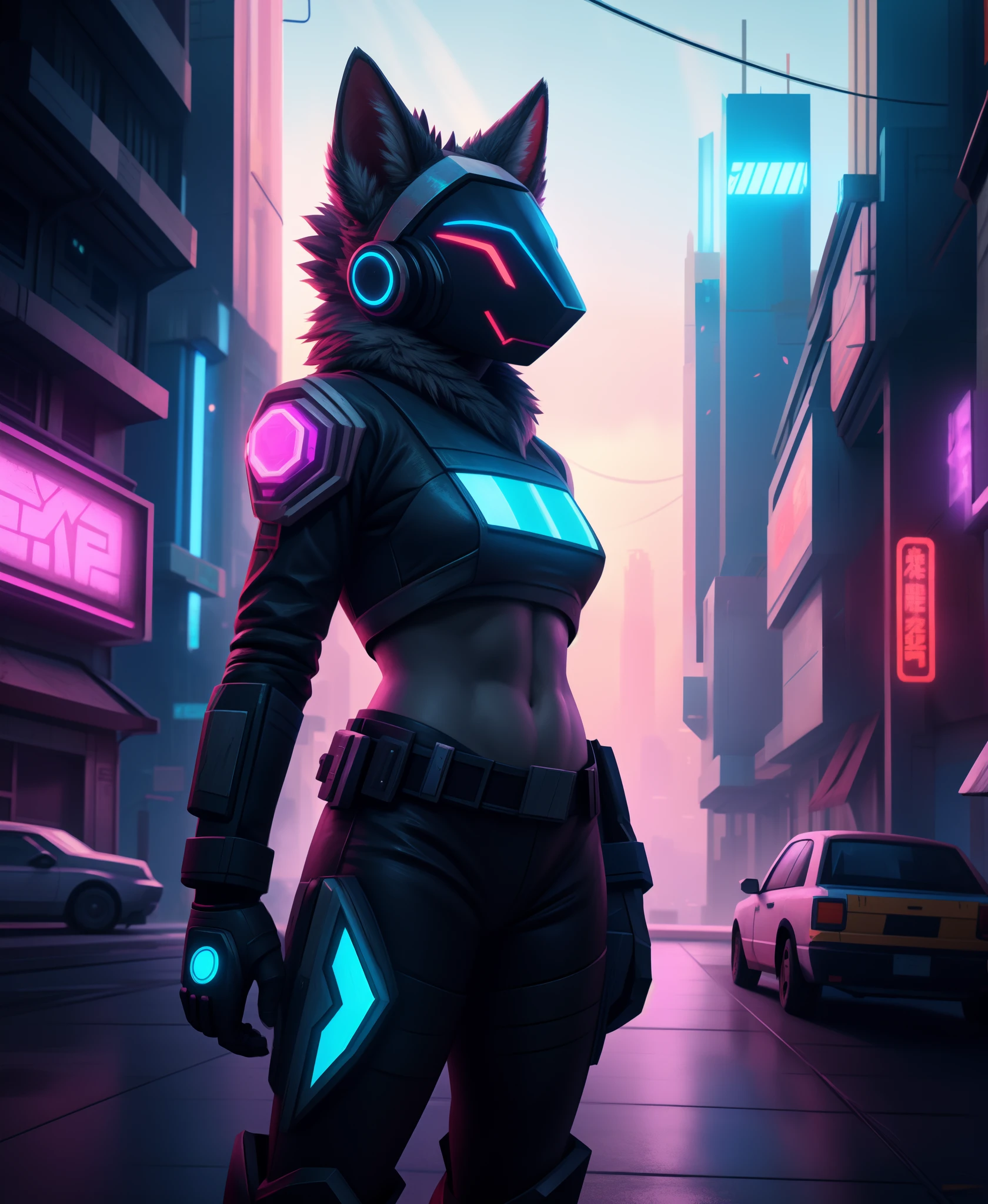 Stylized anime artwork, a female protogen furry, solo, skinny, digital painting, pallet knife, photoshop acrylic painting, anime studio, color graded, subsurface scattering, HDR, cinematic lighting, masterpiece, best quality, detailed, absurd res, bloom, (cyberpunk city)