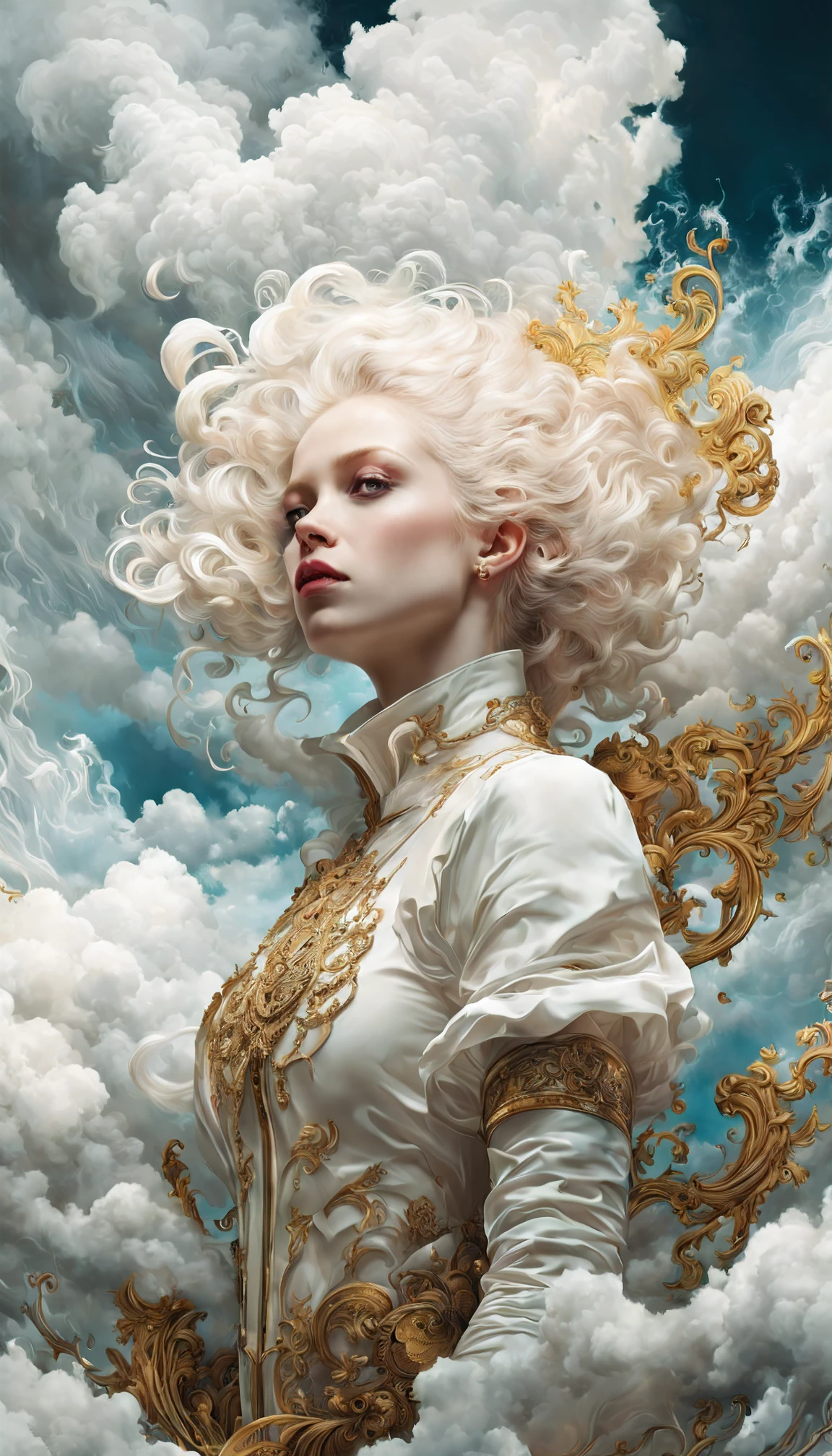 Cinematic, photorealistic of albino girl, vibrant colors, fantasy, warm tone, surreal, 8k resolution photorealistic masterpiece by Aaron Horkey and Jeremy Mann, professional photography, volumetric lighting maximalist photoillustration by marton bobzert, 8k resolution concept art intricately detailed, complex, elegant, expansive, fantastical, mythical clouds