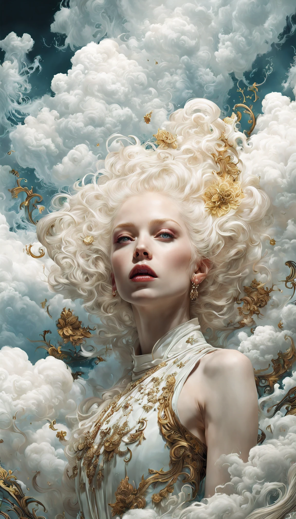 filmisch, fotorealistisches Albino-Mädchen, leuchtende Farben, Fantasie, warmer Ton, surreal, Fotorealistisches Meisterwerk in 8k-Auflösung von Aaron Horkey und Jeremy Mann, professionelle Fotografie, volumetrische Beleuchtung maximalistische Fotoillustration von Marton Bobzert, Konzeptkunst mit 8K-Auflösung und aufwändigen Details, Komplex, elegant, expansiv, Fantastisch, mythische Wolken