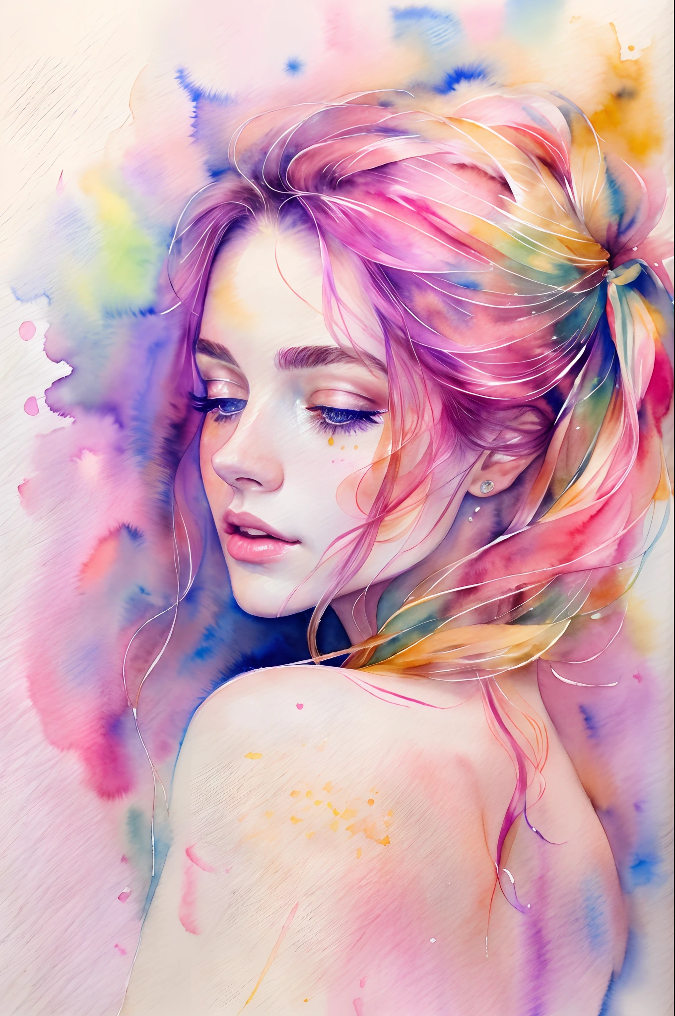 (8k, best quality, masterpiece:1.2),(best quality:1.0), (ultra highres:1.0), watercolor, a beautiful woman, shoulder, hair ribbons, by agnes cecile, half body portrait, extremely luminous bright design, pastel colors, (ink:1.3), autumn lights