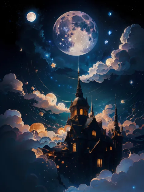 Starry night view with moon and clouds in one frame, baroque painting. star lit sky, calm evening. Digital illustration, detailed dreamscape, stary night painting, dreamy night, dreamlike illustration, Stars and paisley fill the sky, The moon and stars, mo...