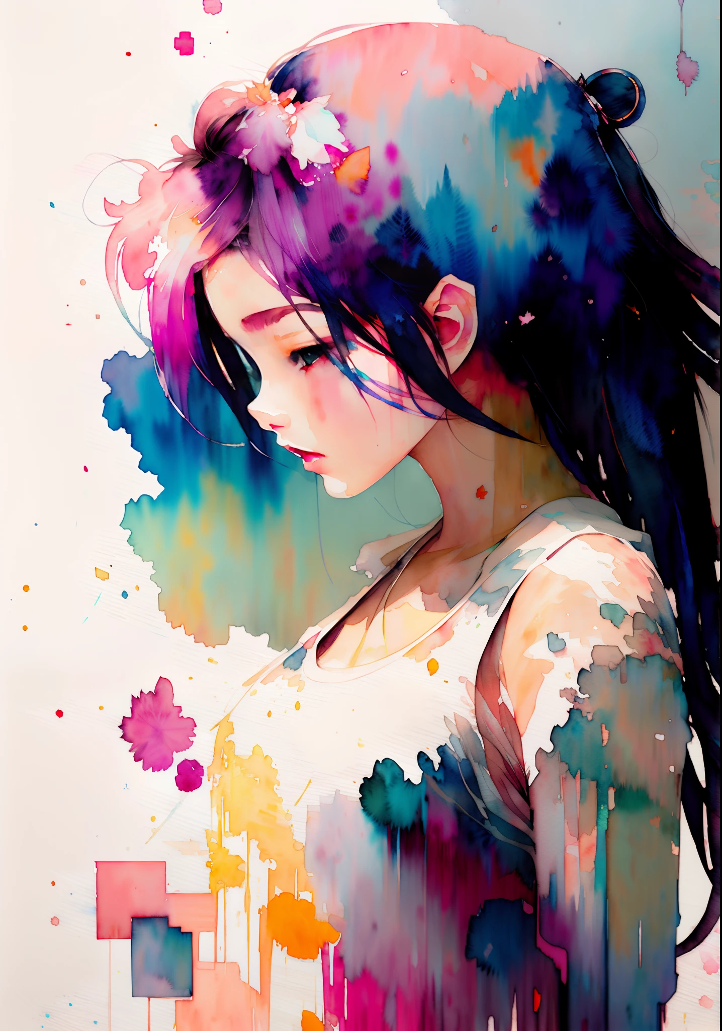 wtrcolor style, (girl) digital art, official art, blowin' in the wind, masterpiece, beautiful, (((watercolor)), paint splatter, anime, intricate details. Great detail, [drip: 0.7], trending on art station, Rachel Walker