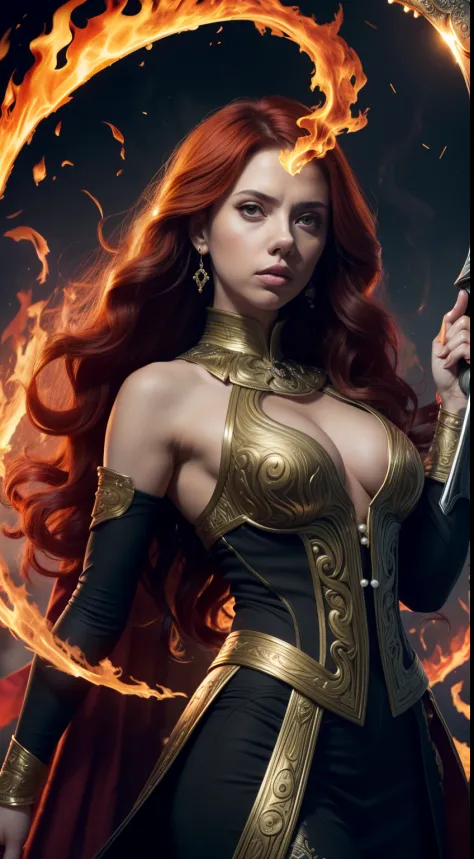 (Elongated head)scarlettJohansson （Scarlett Johansson） Portrait of a 32-year-old，Hades，（Wearing：black toga，Armed with a giant scythe，），Great giants，angry look，(Hairstyles: with curly red hair，(theelementoffire:1.4),Composed of fire elements，)，Roman mytholo...