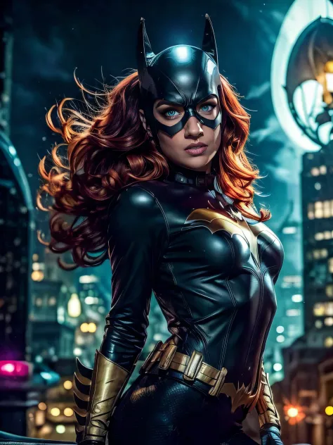 masterpiece, best quality, 1girl, batgirl, cowboy shot, realistic, (bruise), green eyes, mask,  revealing clothes, sexy, orange hair, lips, long hair, floating hair, solo, dark, city background, night  sky, neon city light