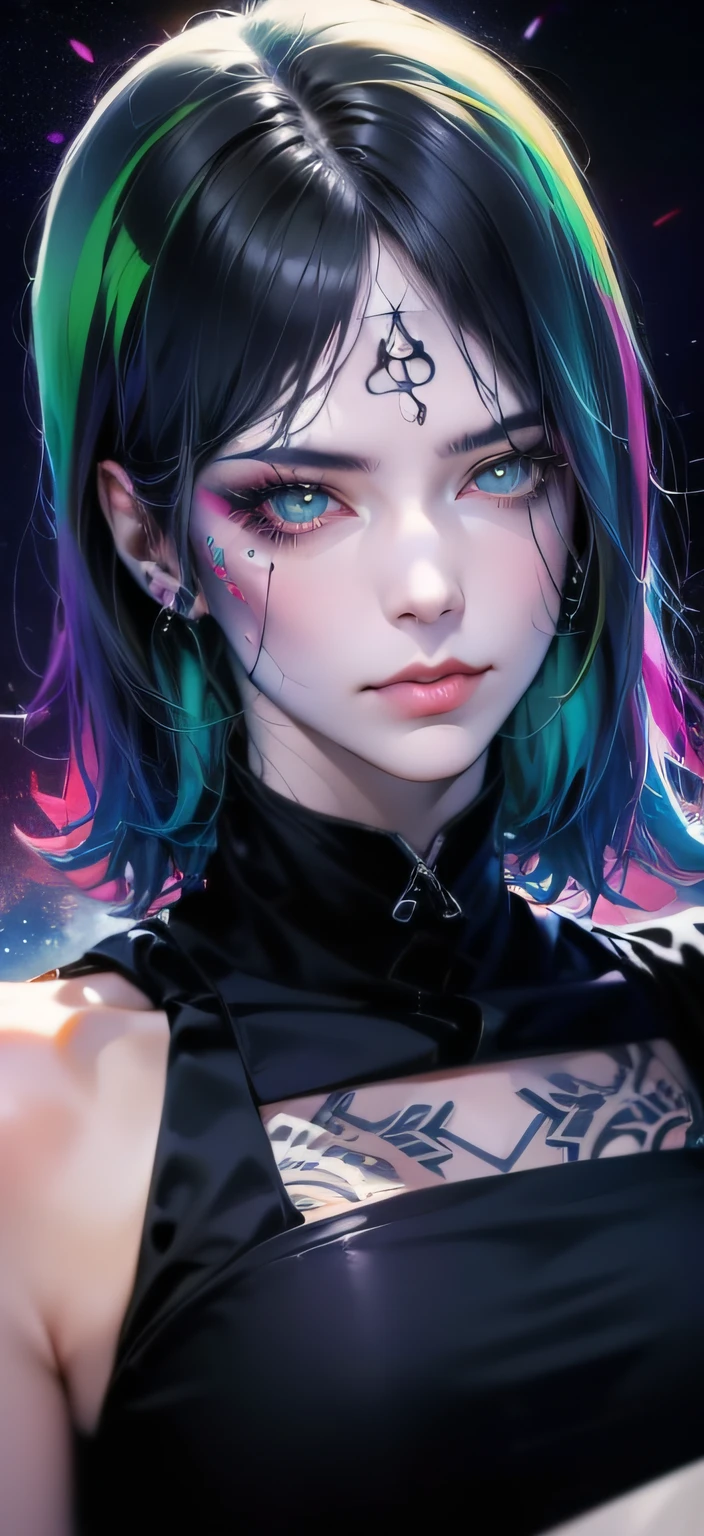 Menina de 19 anos, traje de veneno do homem-aranha preto, ""face tattoo litlecat"" cabelo curto loiro olhos grandes neon azul, chuva cara bonita, Telhado, ((On your head it plays reaper-style, Masterpiece Fox Skin)) detalhes rachados ((tatuagem ""marcada corte do rosto"" do gatinho bonito sem seu rosto)) anatomia perfeita, Grande lua sangrenta brilhante no fundo (((Death Note Manga Style)))