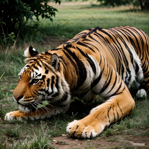 Tiger eating grass
