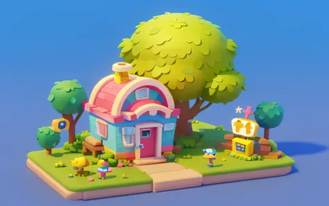Cartoony，cute building，There are cute dinosaurs next to it，design sense，pixar-style，cartoonish style， polygon， Dinosaur building，，adolable， Game architectural design， fanciful， Charming concert hall， desks， music instrument， steins， Bricks， grassy， florals...