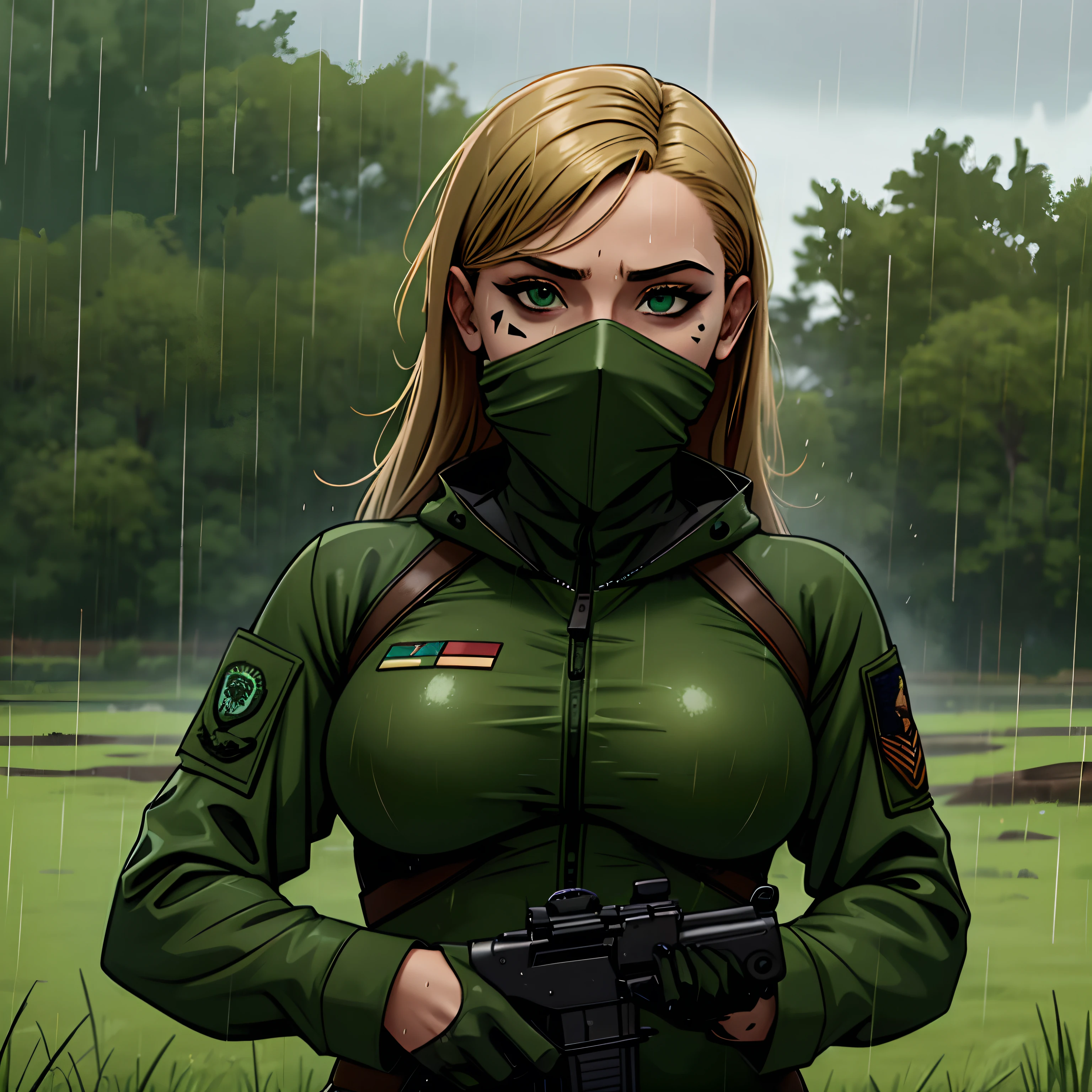 an adult women, mythril covering her face, military face paint, wearing green special ops suit, on a marsh, rainy, muddy, smokes all around, holding a gun 8K, HD,