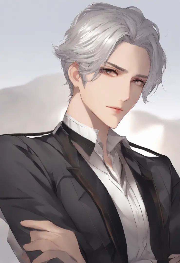 1boy、Adult male、Cool Men、silber hair（Hair is tied back）、Sexy look、Slender eyes、エロ、animesque、illustratio、top-quality、Plain background