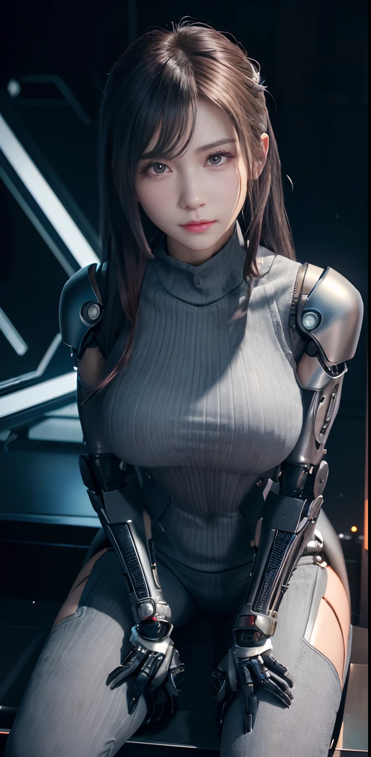 ​masterpiece、((Grey Turtleneck Sweater))、 ((plugsuit)), ((a beauty girl:1.2))、I don't have both arms.、Some mechs、Mechanized body、Mechanized chest and abdomen、Mechanized occipital、Mechanized legs、Black metallic suit tight to the body、is standing、Tied up、Metal Robot、((Cyberpunk background))、(Neon light)、(Background of the machine shop of the future)、Cyberdyne、Artificial bodies、All-metal body、Ironwork、Abdominal mechanism、((Robotic Arms and Hands))、((Robot legs))、((Cervical part of the machine))、Inside the spaceship、a beauty girl、sixteen years old、Asian Beauty, (Abdomen exposes actuators and cables)、From the neck down is the body of a metal robot、Complex 3d rendering beautiful porcelain profile super detailed female android face、cyborgs、roboticparts、150mm、beautiful studio soft light、Rim Lights、vibrant detail、luxuriouscyberpunk、Ren Hao、surrealistic、Anatomical、face muscles、cable electric wires、microchips、elegent、beatiful backgrounds、octan render、HR Giger Style、8K、top-quality、​masterpiece、illustratio、extremely delicate and beautiful、 extremely details CG、Unity、wall-paper、(realisitic、Photorealsitic:1.37)、astonishing、detaile、​masterpiece、best qualtiy、Official art、Highly detailed CG Unity 8k wallpaper、absurderes、incredibly absurdness、、、Silver Halmet、full body Esbian、sitting on