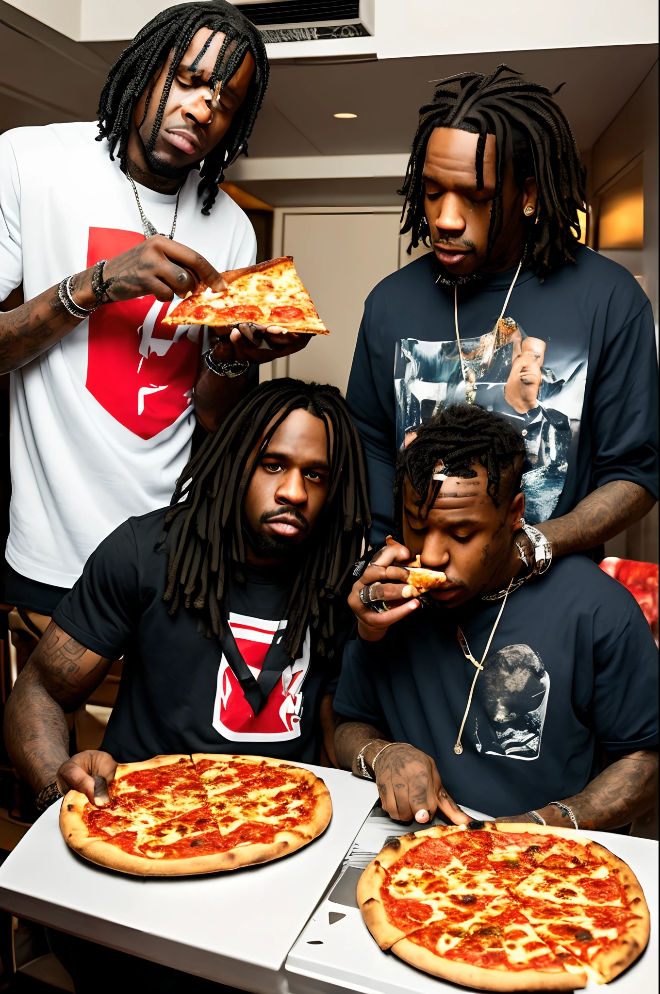 Three men are posing with two pizzas on a table - SeaArt AI