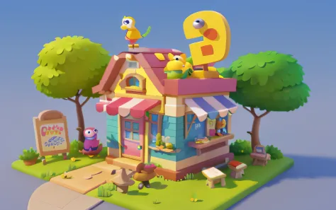 Cartoony，Lovely café building，There are cute dinosaurs next to it，Cute T-Rex，pixar-style，cartoonish style， polygon， Dinosaur building，，adolable， Game architectural design， fanciful， Charming concert hall， desks， music instrument， steins， Bricks， grassy， fl...