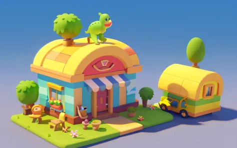 Cartoony，Lovely café building，There are cute dinosaurs next to it，Cute T-Rex，pixar-style，cartoonish style， polygon， Dinosaur building，，adolable， Game architectural design， fanciful， Charming concert hall， desks， music instrument， steins， Bricks， grassy， fl...