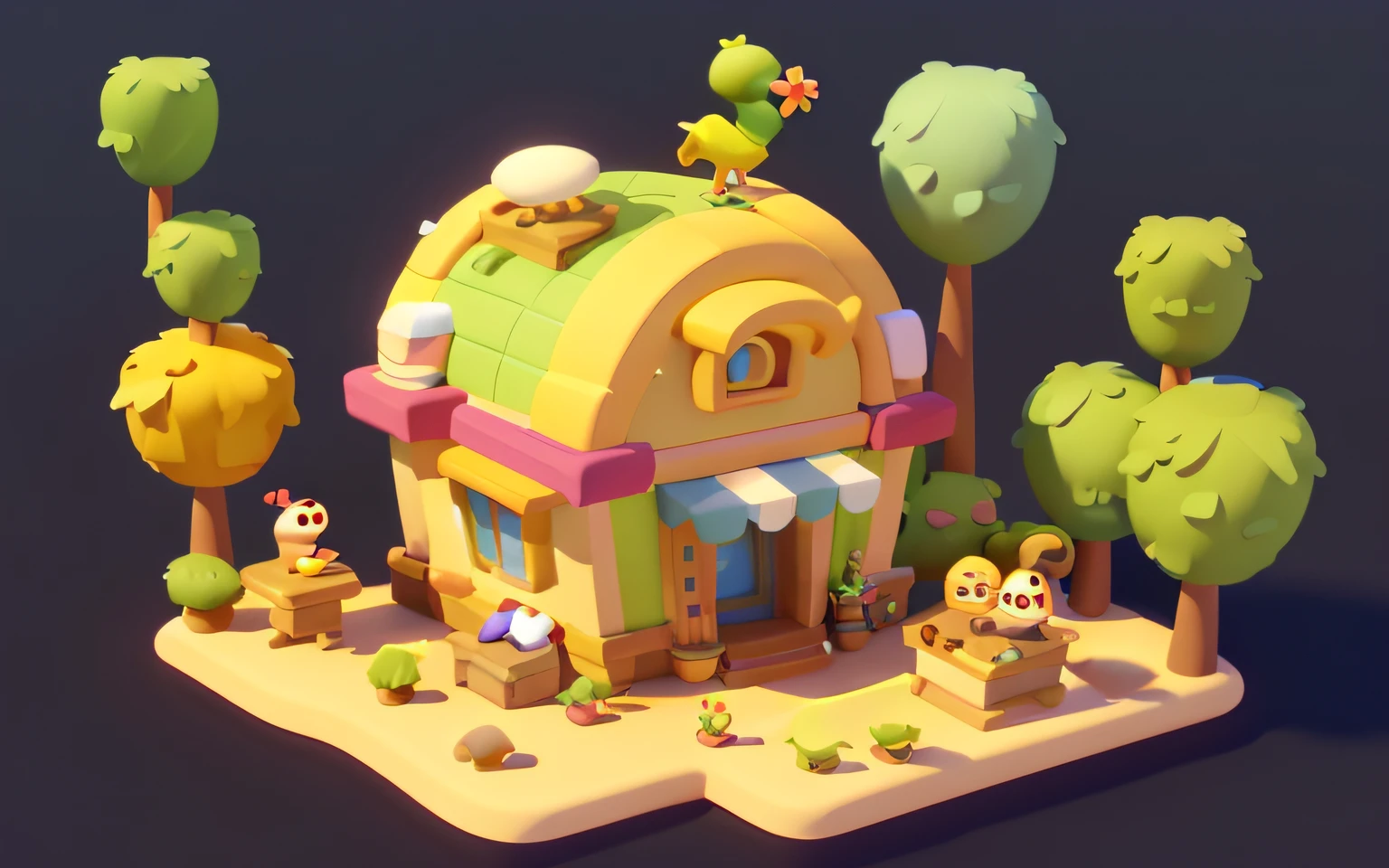 Cartoony，Lovely dessert building，There are cute dinosaurs next to it，Gromurosaurus，tyrannosarus rex，pixar-style，cartoonish style， polygon， Dinosaur building，，adolable， Game architectural design， fanciful， Charming concert hall， desks， music instrument， steins， Bricks， grassy， florals， the trees， casual game style， Originality， best detail， 。.。.3D， Blander， tmasterpiece， best qualtiy， toon rendering， 8K