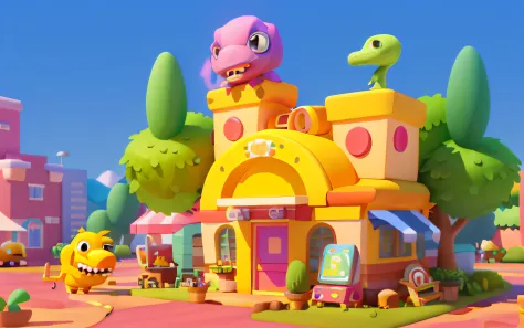 Cartoony，Lovely dessert building，There are cute dinosaurs next to it，Gromurosaurus，tyrannosarus rex，pixar-style，cartoonish style， polygon， Dinosaur building，，adolable， Game architectural design， fanciful， Charming concert hall， desks， music instrument， ste...