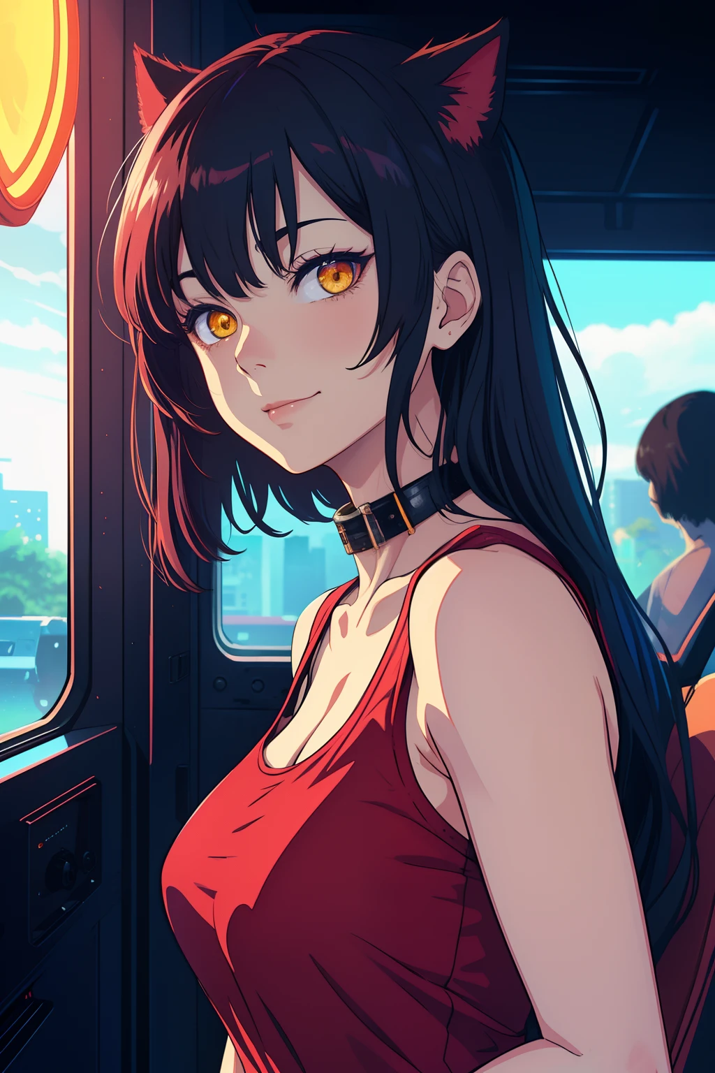 Anime girl in red dress looking out the window of a bus - SeaArt AI