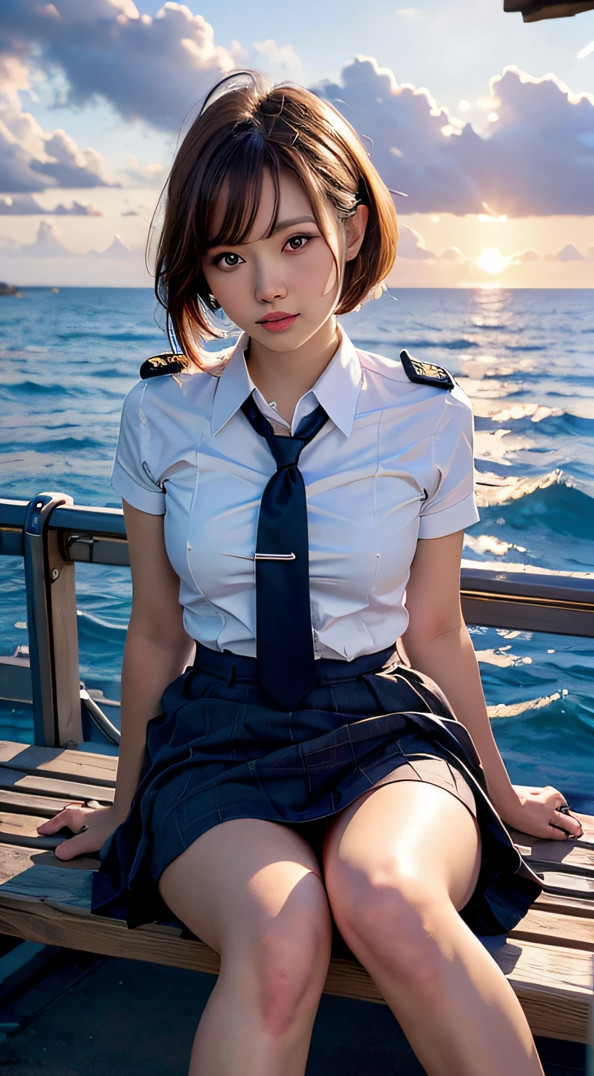 (Best Quality, High resolution, masutepiece :1.3), Pretty women,
Against the background of orangey sunset sky、Clouds and sun sink into the ocean, Beautiful  in uniform sitting. Her hair is light brown, And it's medium bob style. She wears a white blouse and pleated skirt as part of her uniform. She sits with her legs apart, And her gaze is directed to the camera. Create this scene from a low angle shot.