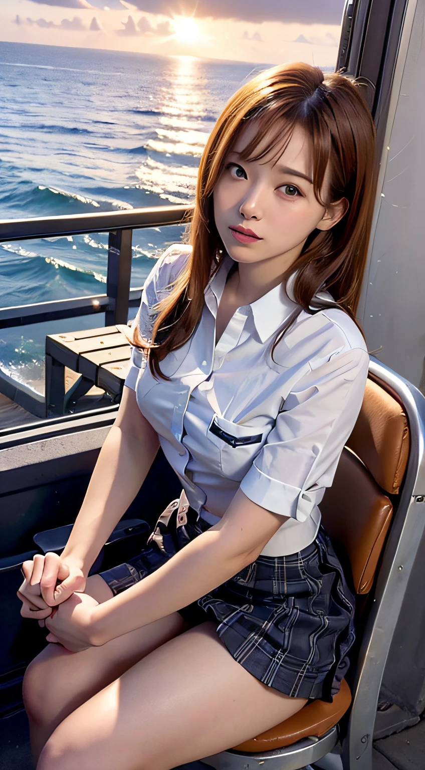 (Best Quality, High resolution, masutepiece :1.3), Pretty women,
Shunguang,Against the background of orangey sunset sky、Clouds and sun sink into the ocean, Beautiful  in uniform sitting. Her hair is light brown, And it's medium bob style. She wears a white blouse and pleated skirt as part of her uniform. She sits with her legs apart, And her gaze is directed to the camera. Create this scene from a low angle shot.