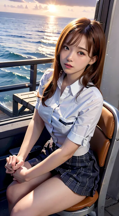 (Best Quality, High resolution, masutepiece :1.3), Pretty women,
Shunguang,Against the background of orangey sunset sky、Clouds and sun sink into the ocean, Beautiful schoolgirl in uniform sitting. Her hair is light brown, And it's medium bob style. She wea...