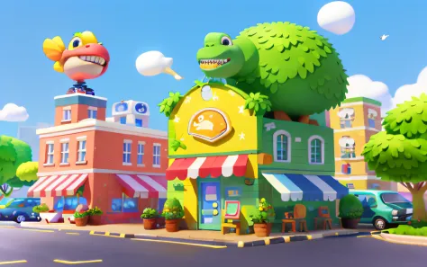Cartoony，A peculiar dinosaur-shaped barbershop building，There are cute dinosaurs next to it，Gromurosaurus，Tyrannosaurus Rex Pixar style，cartoonish style， polygon， Dinosaur building，，adolable， Game architectural design， fanciful， Charming concert hall， desk...