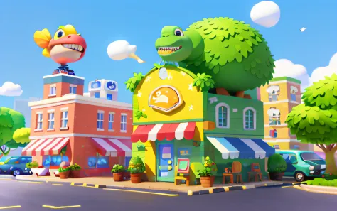 Cartoony，A peculiar dinosaur-shaped barbershop building，There are cute dinosaurs next to it，Gromurosaurus，Tyrannosaurus Rex Pixar style，cartoonish style， polygon， Dinosaur building，，adolable， Game architectural design， fanciful， Charming concert hall， desk...