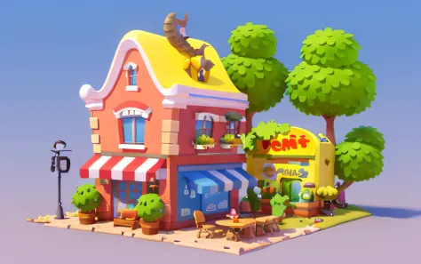Cartoony，Unique dinosaur-shaped building，Barbershop building，There are cute dinosaurs next to it，Gromurosaurus，Tyrannosaurus Rex Pixar style，cartoonish style， polygon， Dinosaur building，，adolable， Game architectural design， fanciful， Charming concert hall，...