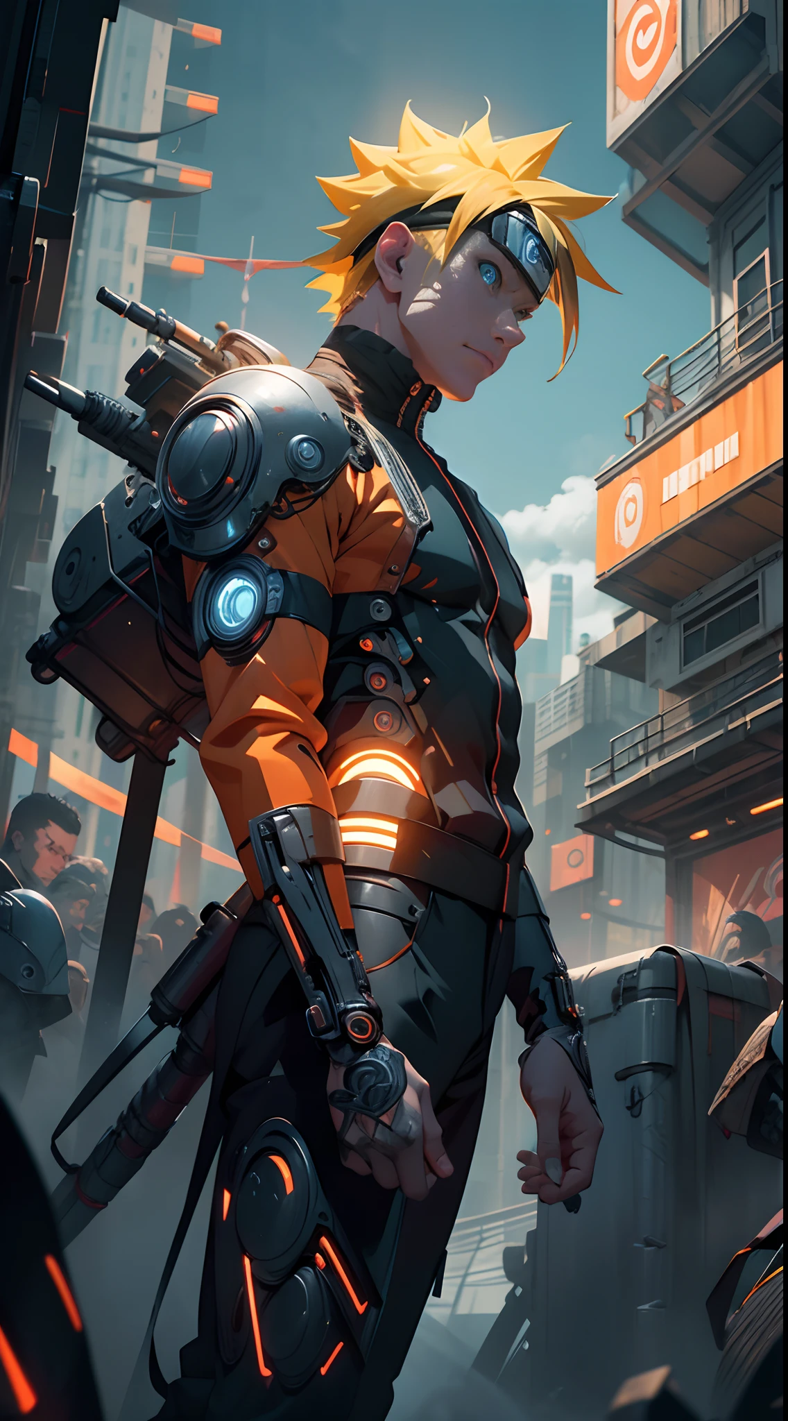 Masterpiece, Naruto cyborg mode, look at the viewer, full mechanical body, intricate details, advanced technology, Orange lightning, detailed armor, bionic enhancements, neon lights, vivid colors,  contrasting shadows, Blue eyes, urban setting, nighttime backdrop, high contrast lighting, bold lines, blurring effects, ultra-realistic, 4k resolution