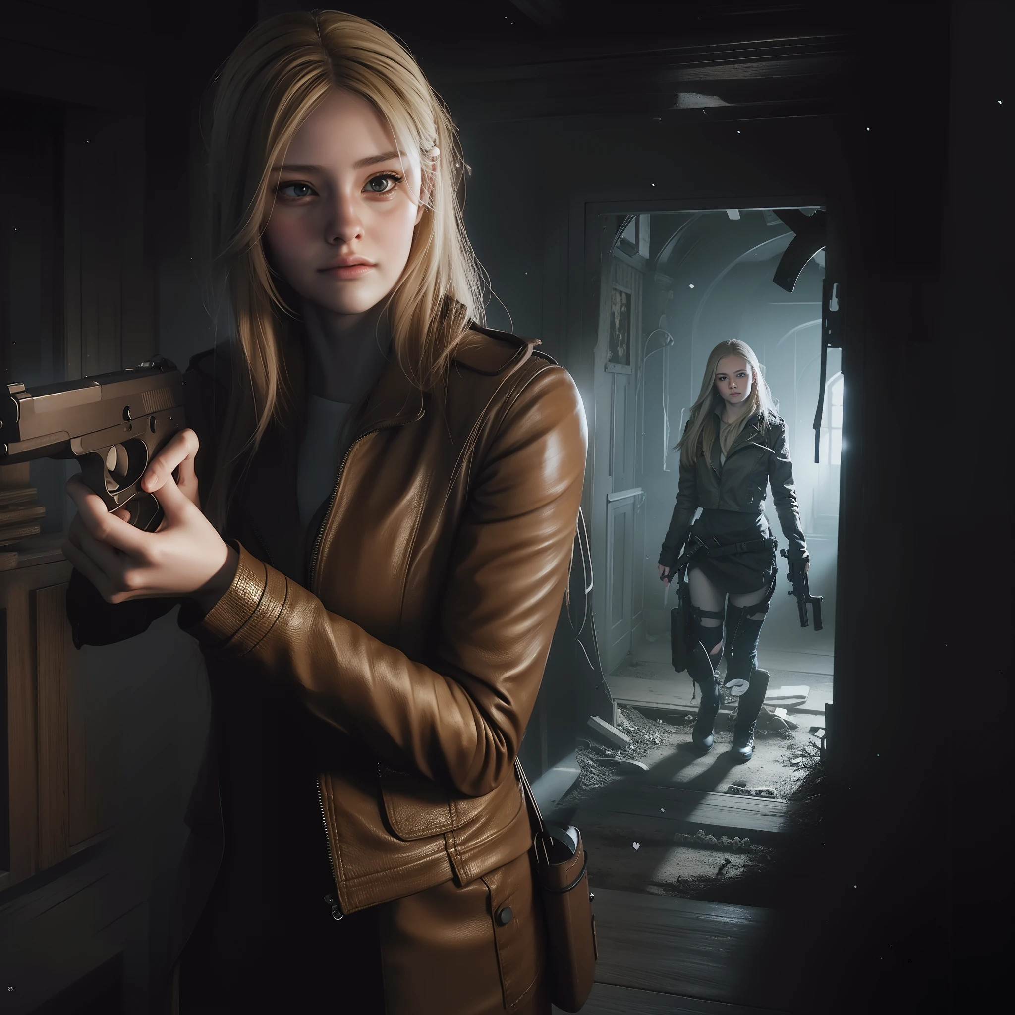 Perfect female, beautiful face, ages 25, long blonde hair, holding a gun