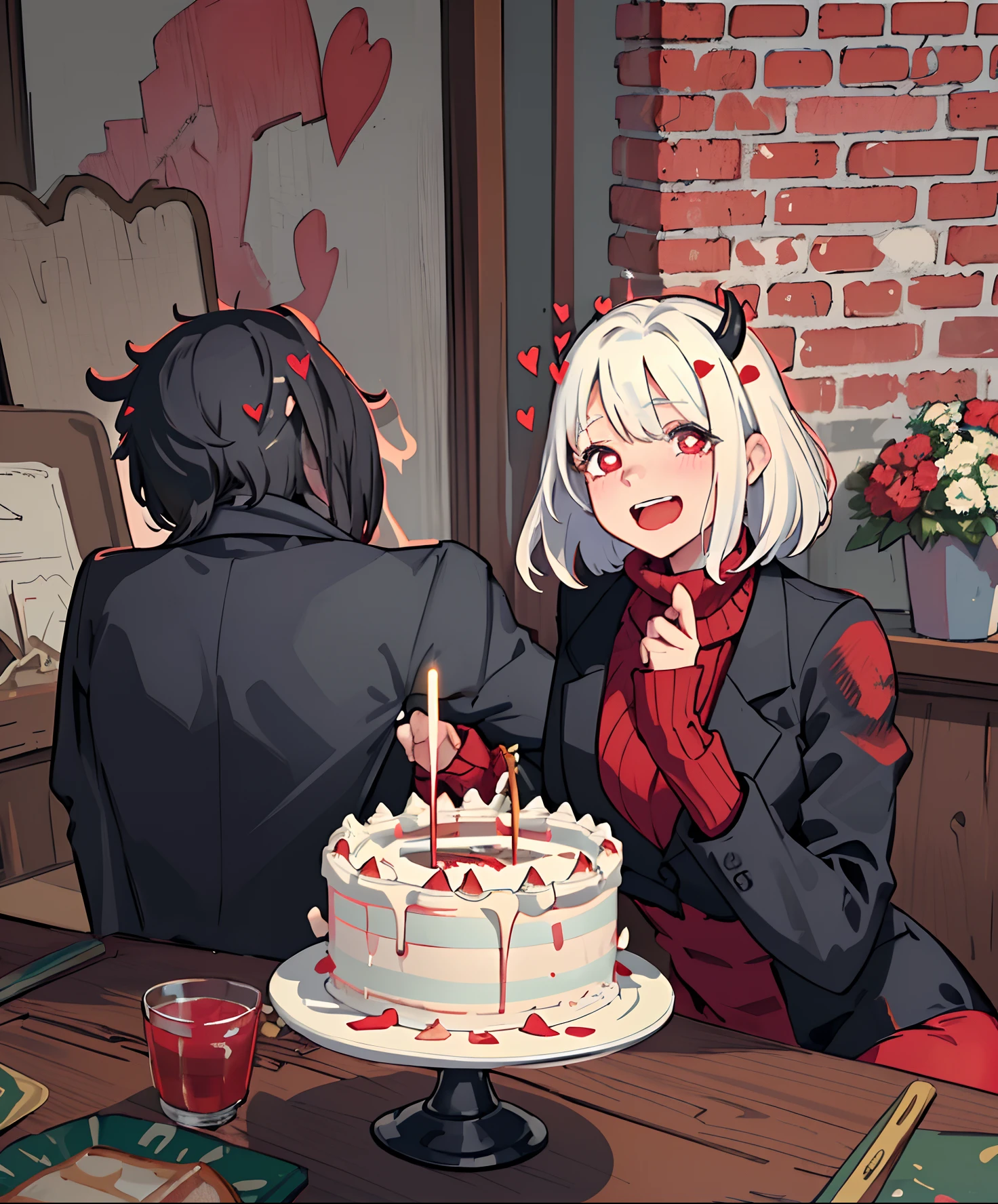 (masterpiece, best quality:1.2), cowboy shot, solo, 1girl, htmodeus, white medium short hair, happy, laughing, emotional, surprissed,open mouth, looking at the cake, heart-shaped pupils, formal, black jacket, red sweater, turtleneck, sleeves past wrists, black skirt, red pantyhose, birthday heat,