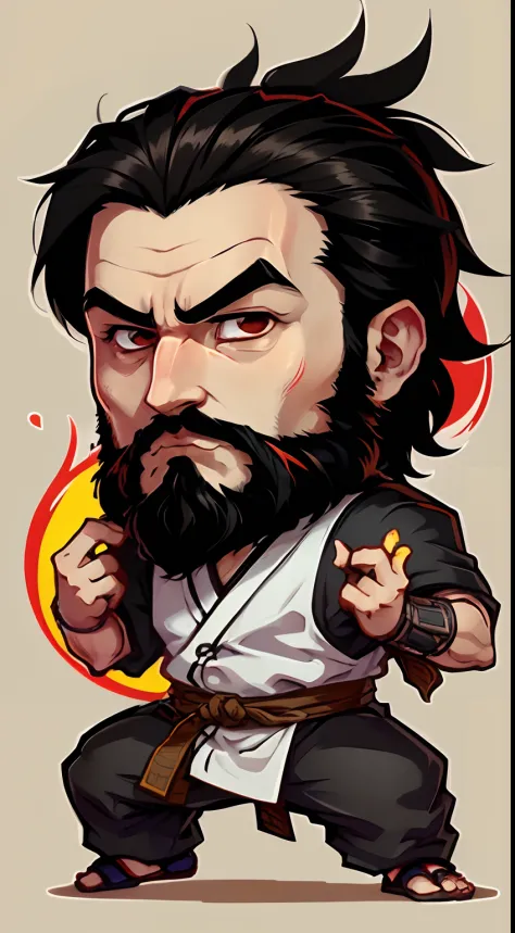 a sticker, man who is a ninja. short black hair and(( full beard.))) He has a friendly face, represented with vibrant colors, and big eyes. chibbi anime style. White background