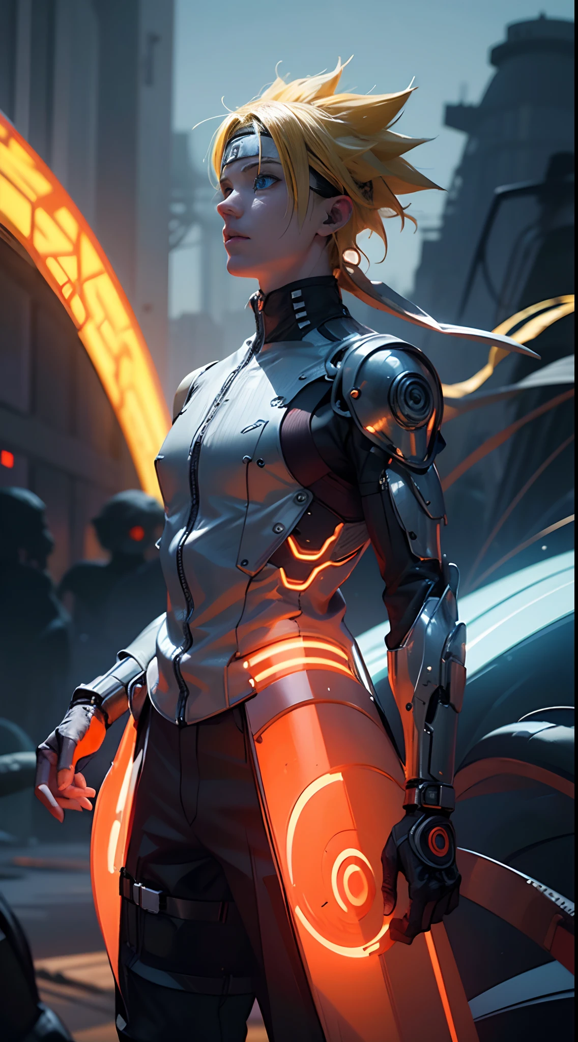 Masterpiece, Naruto cyborg mode, look at the viewer, full mechanical body, intricate details, advanced technology, Orange lightning, detailed armor, bionic enhancements, neon lights, vivid colors,  contrasting shadows, Blue eyes, urban setting, nighttime backdrop, high contrast lighting, bold lines, blurring effects, ultra-realistic, 4k resolution