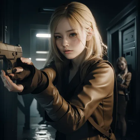 perfect female, beautiful face, long blonde hair, holding a gun