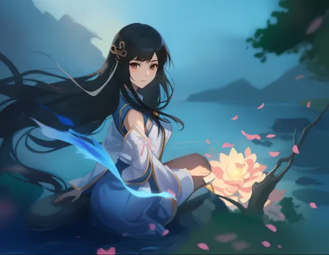 anime girl with long black hair sitting on a rock by the water, by Yang J, ahri, asian female water elemental, extremely detaile...