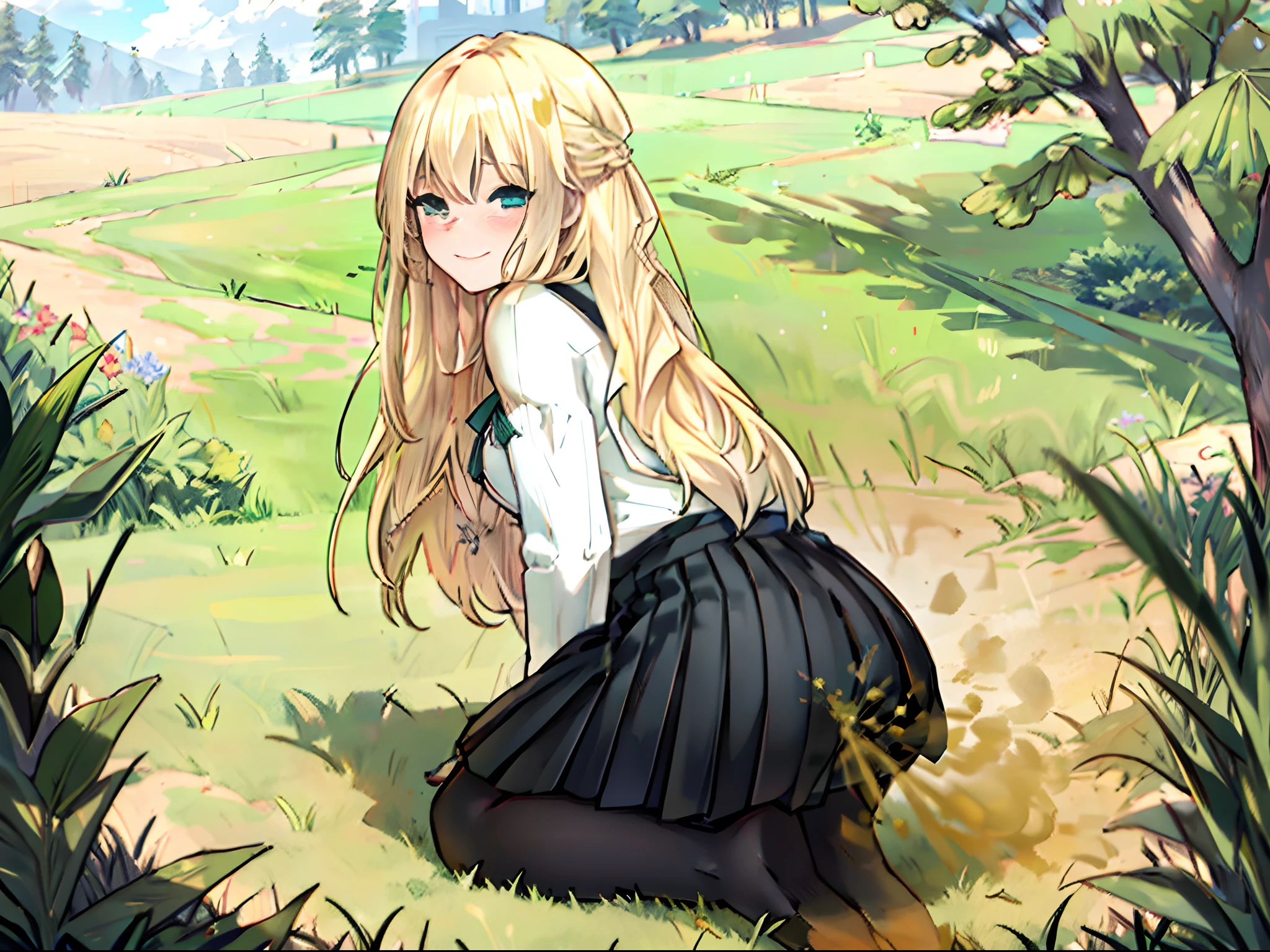 Anime girl in a skirt sitting in a field with trees - SeaArt AI