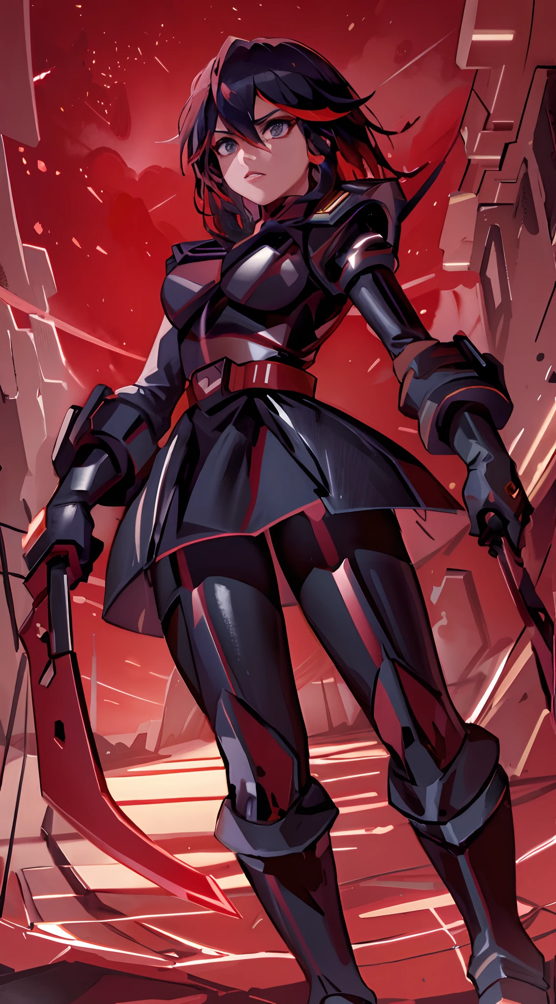 in glowing armor, standing on a cliff overlooking a futuristic city, surrounded by fierce winds and a stormy sky. The armor is made of shiny, metallic material, reflecting the light from the surrounding environment. Ryuko's eyes are intense, with a determined gaze, and her lips are covered by a black face mask. Her long red hair is flowing in the wind, adding to the intensity of the scene. She is holding a massive, dual-bladed sword, ready for battle. The city below is filled with towering skyscrapers and neon lights, giving it a cyberpunk vibe. The colors in the image are vibrant and dynamic, with hues of blue and purple dominating the scene. The lighting is dramatic, with beams of light breaking through the storm clouds, creating a sense of awe and power. The image quality is top-notch, with ultra-detailed features and realistic textures. This prompt is designed to generate a masterful artwork of Ryuko Matoi, combining elements of action, fantasy, and cyberpunk aesthetics.